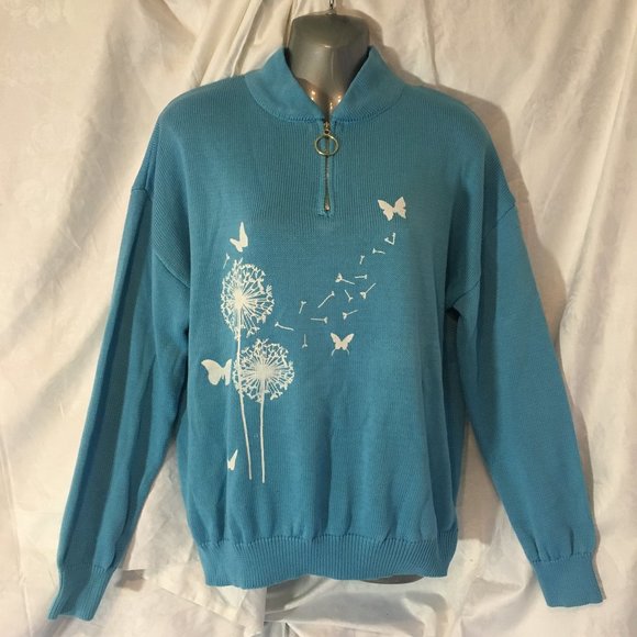 Womens Size Large Light Blue Knit Zip Sweater Dandelion Puff Butterfly Vintage - Picture 1 of 12